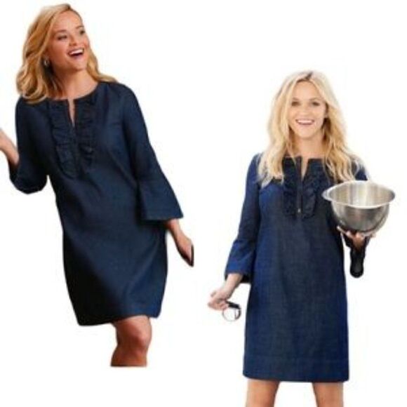 Draper James Chambray Blue Wash Denim Ruffle Shift Dress Sz 4 - EUC! - Picture 1 of 8